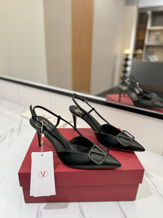 Valentino High Heel Pointed Toe V-Buckle Sandals with Platinum Logo