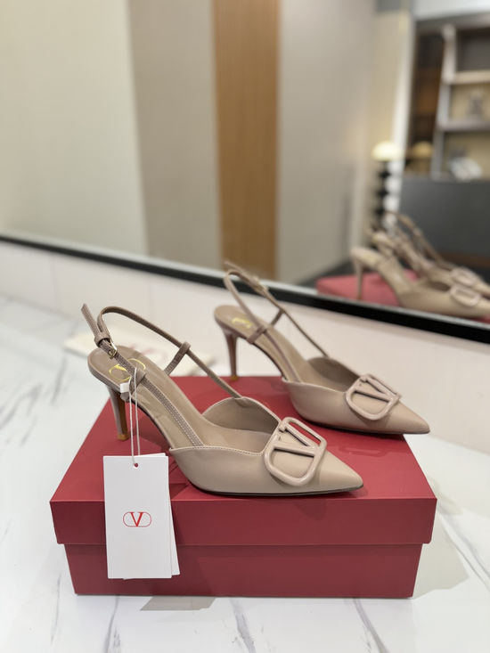 Valentino High Heel Pointed Toe V-Buckle Sandals with Platinum Logo