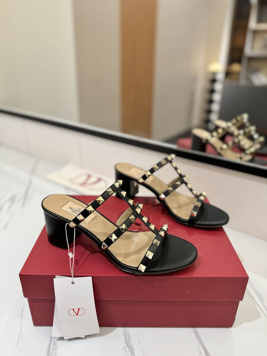 Valentino Premium Sheepskin Chunky Heel Slides with Rivets