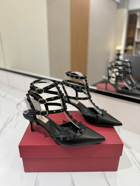Valentino Studded Ankle Strap Mid Heel Leather Sandals