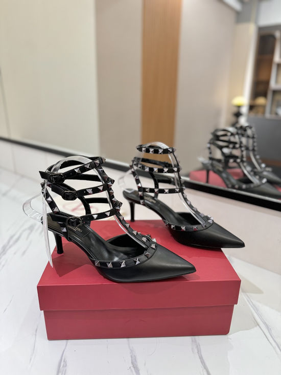 Valentino Studded Ankle Strap Mid Heel Leather Sandals