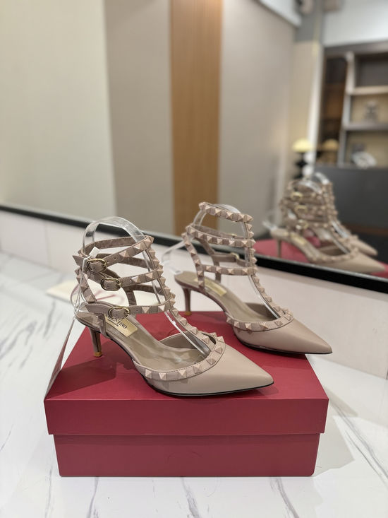 Valentino Studded Ankle Strap Mid Heel Leather Sandals