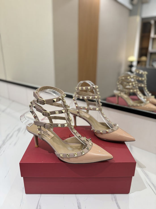 Valentino Patent Leather Ankle Strap Studded Sandals Mid Heel