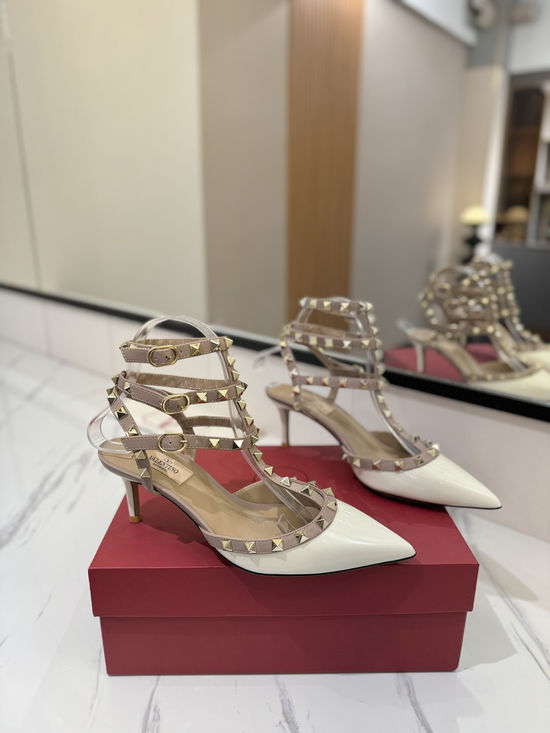 Valentino Patent Leather Ankle Strap Studded Sandals Mid Heel