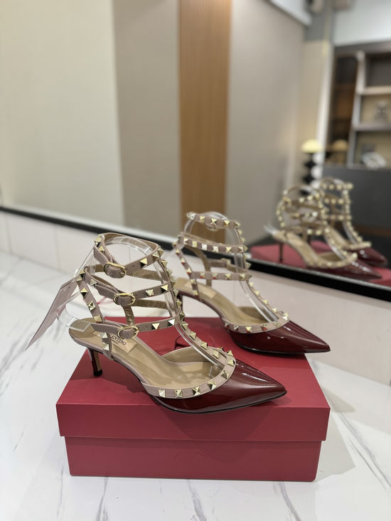 Valentino Patent Leather Ankle Strap Studded Sandals Mid Heel