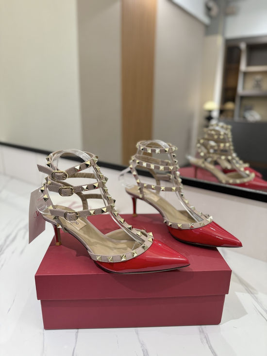 Valentino Patent Leather Ankle Strap Studded Sandals Mid Heel