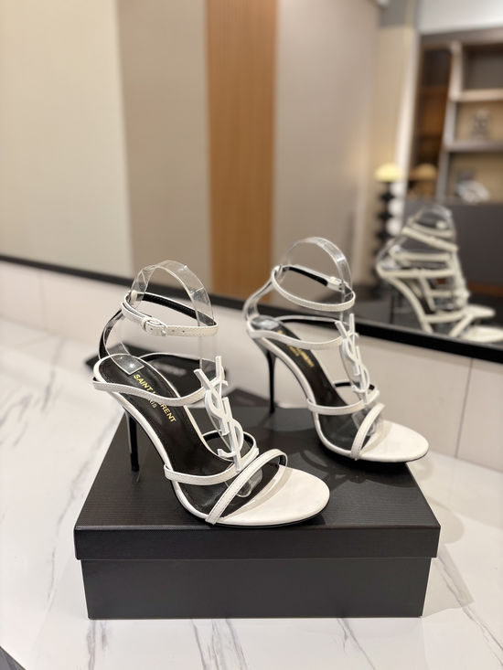Yves Saint Laurent Letter Buckle Patent Leather Stiletto Heel Sandals