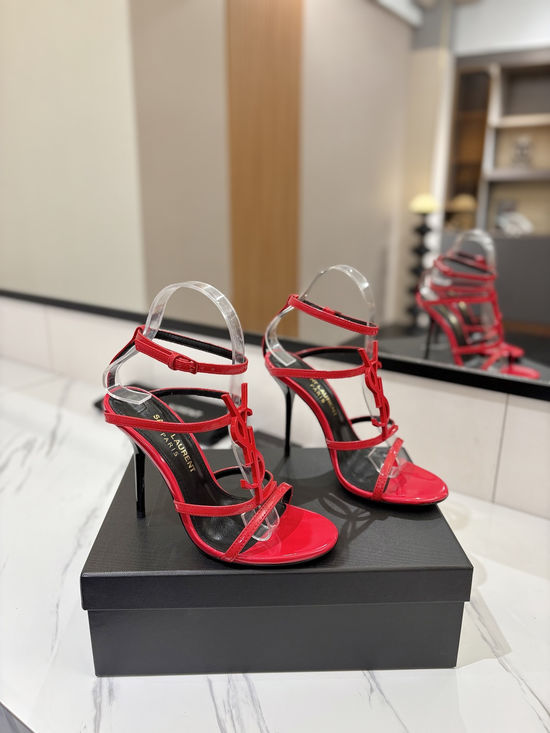 Yves Saint Laurent Letter Buckle Patent Leather Stiletto Heel Sandals