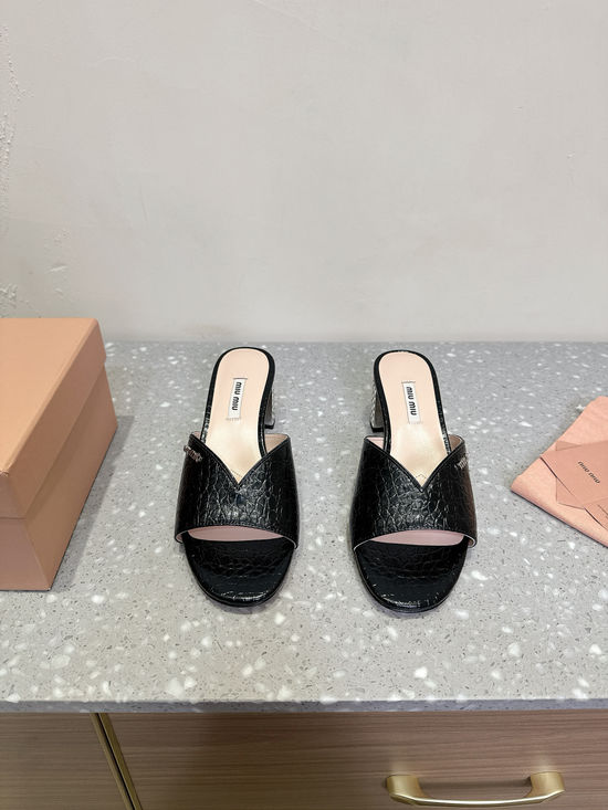 Miu Miu Elegant Rhinestone Block Heel Slides Soft Leather Comfortable Sandals