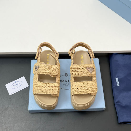 Prada Handwoven Platform Slide Sandals with Metal Accent
