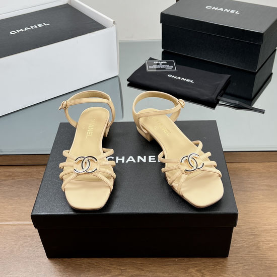Chanel Rhinestone Buckle Low Heel Leather Sandals