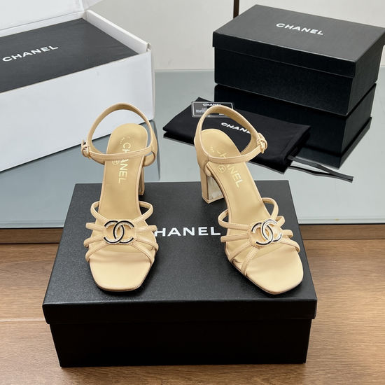 Chanel Rhinestone Buckle High Heel Leather Sandals