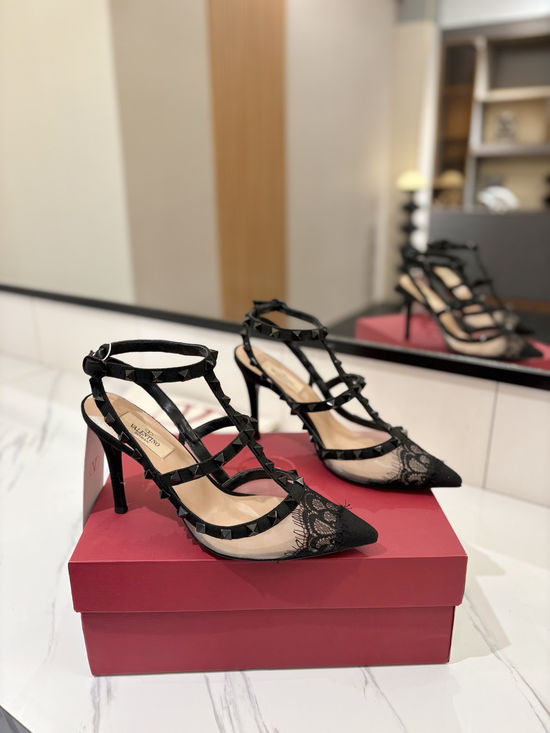 Valentino Lace Pointed Toe Studded Sandals With Stiletto Heel