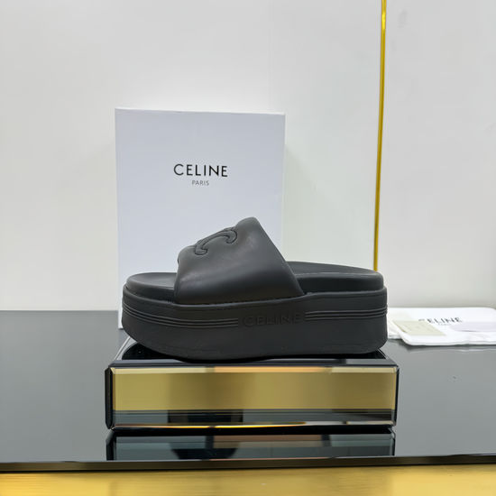 Celine Grain Leather Embossed Slip On Beach Slides