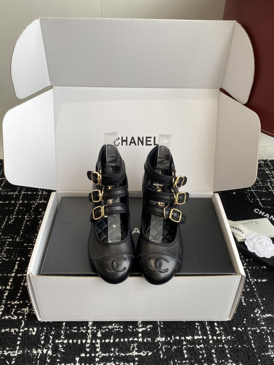Chanel Embroidered Logo Chunky Heel Mary Jane Shoes
