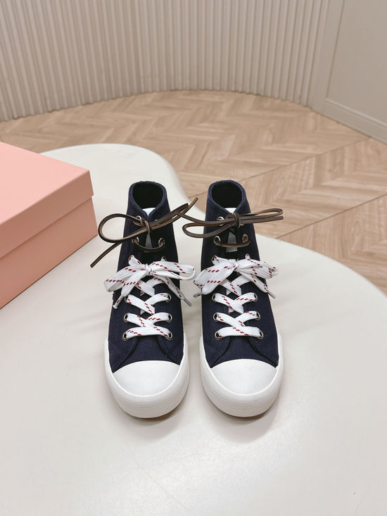 Miu Miu Dual Laces Canvas Casual Sneakers Soft Non Slip Sole