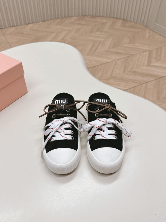 Miu Miu Dual Laces Canvas Casual Sneakers Soft Non Slip Sole