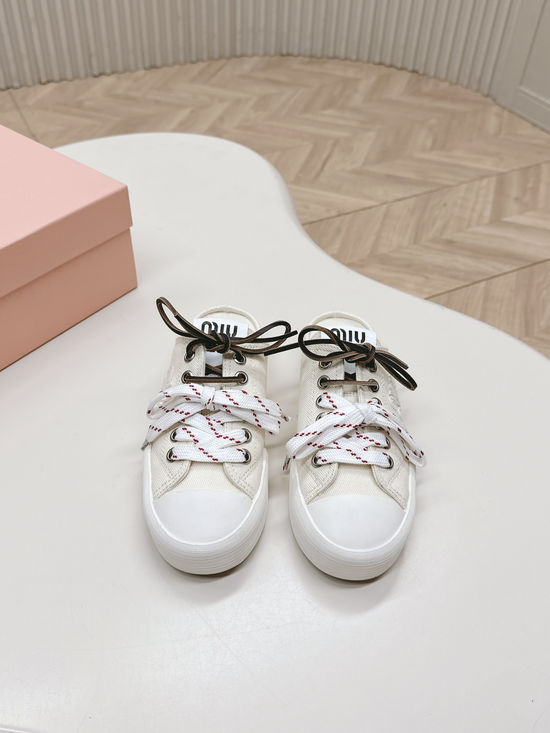Miu Miu Dual Laces Canvas Casual Sneakers Soft Non Slip Sole