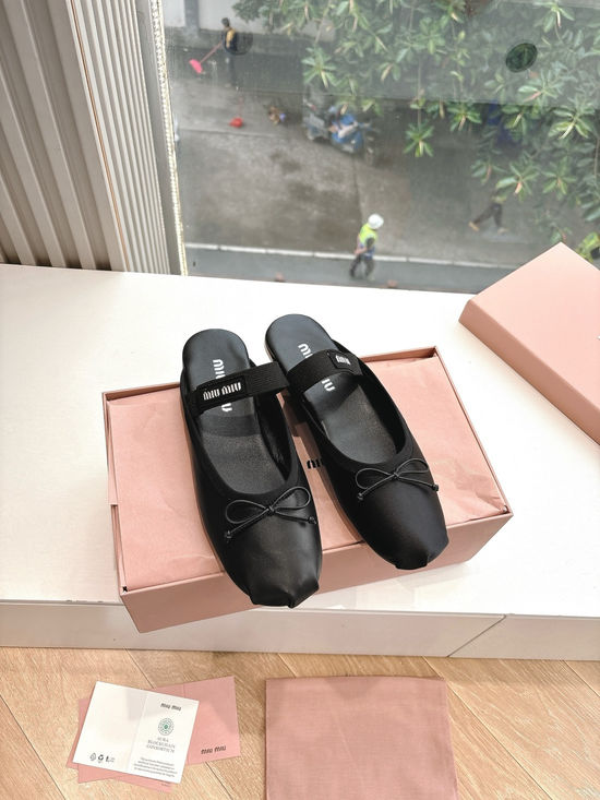 Miu Miu Bow Satin Genuine Leather Flat Ballet Shoes