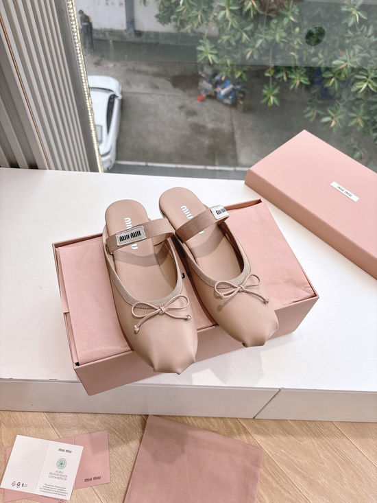 Miu Miu Bow Satin Genuine Leather Flat Ballet Shoes