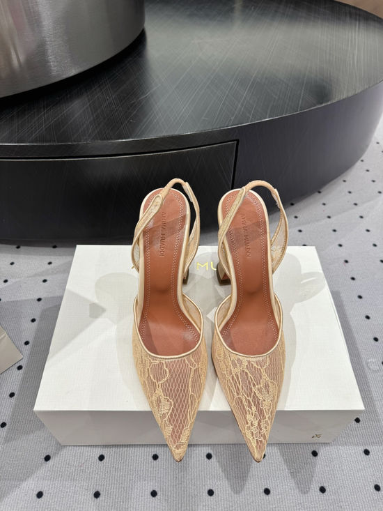 Amina Muaddi Lace Upper Runway Style Heel Sheepskin Lining Leather Sole