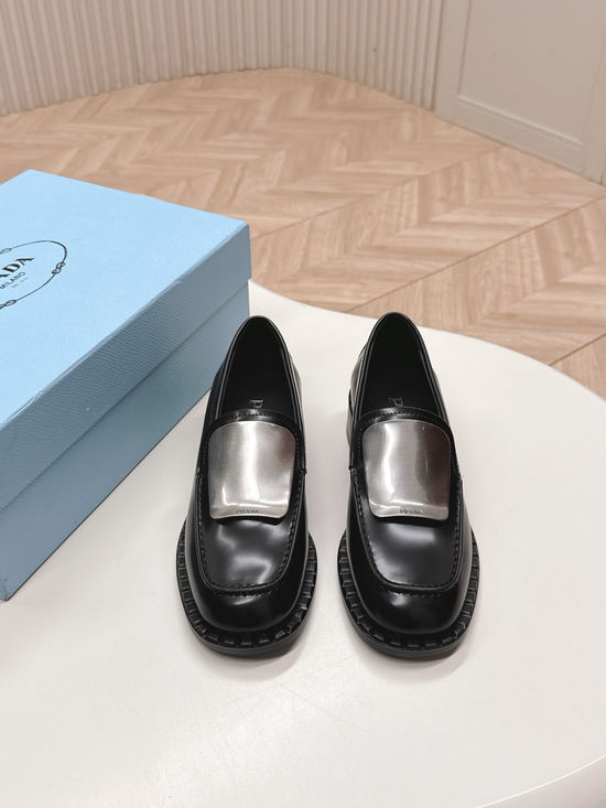 Prada Retro Hardware Decor Leather Loafers Comfortable Daily Office Shoes