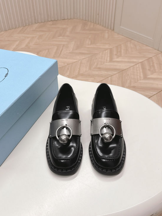 Prada Retro Hardware Decor Leather Loafers Comfortable Daily Office Shoes