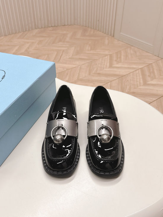 Prada Retro Hardware Decor Leather Loafers Comfortable Daily Office Shoes