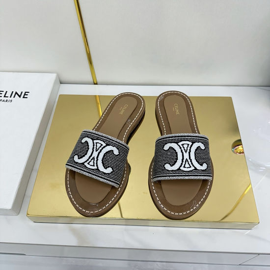 Celine Embroidered Upper Genuine Rubber Sole Slides