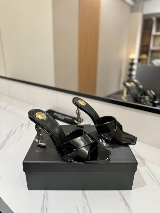 Yves Saint Laurent Patent Leather Silk High Heel Sandals With Logo Heel