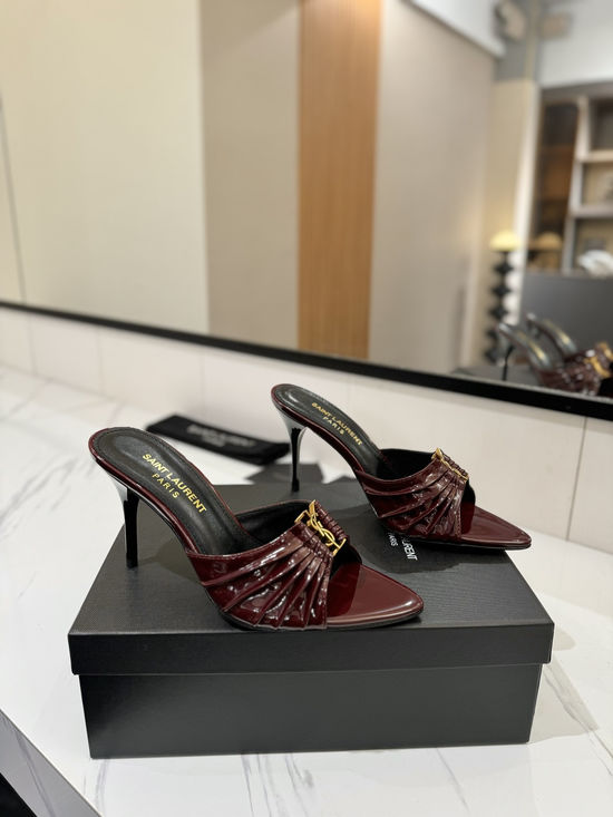 Yves Saint Laurent Crystal Decorated Patent Leather Pointed Toe High Heel Sandals