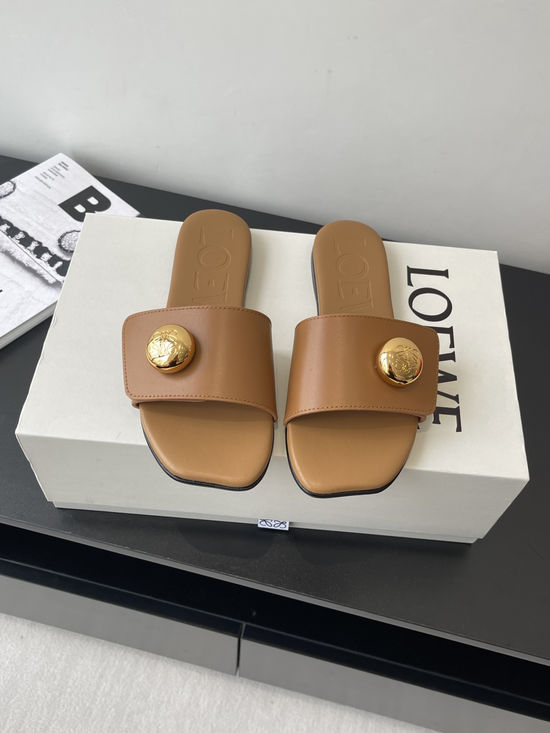 Loewe Vintage Calfskin Flat Beach Slippers Sheepskin Lining Sole