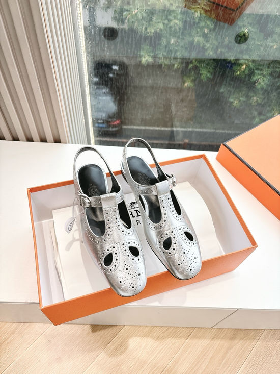 Hermes Leather Mary Jane Loafers with Metal Buckle Leather Sole