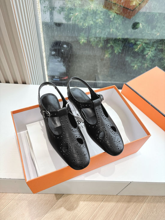 Hermes Leather Mary Jane Loafers with Metal Buckle Leather Sole