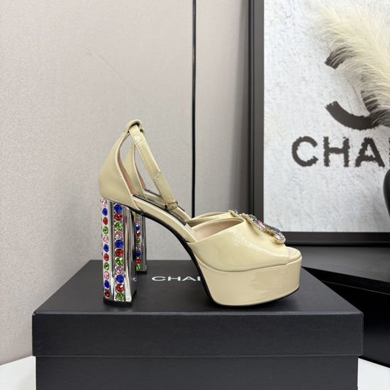 Chanel Rhinestone Chunky Heel Slingback Sandals Leather Lined
