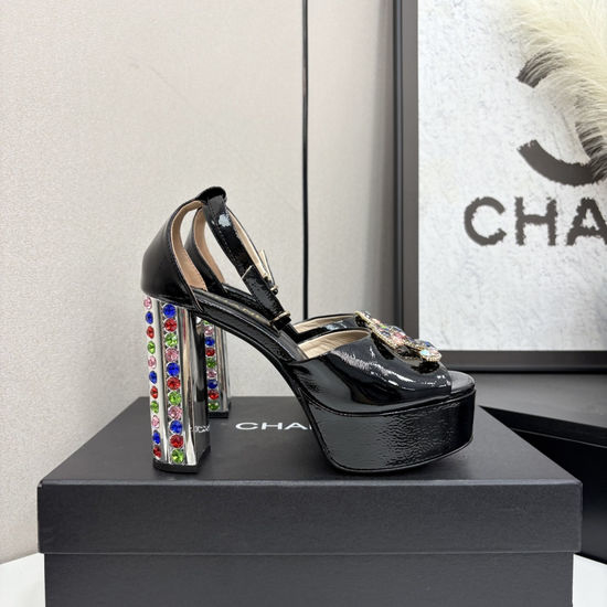 Chanel Rhinestone Chunky Heel Slingback Sandals Leather Lined