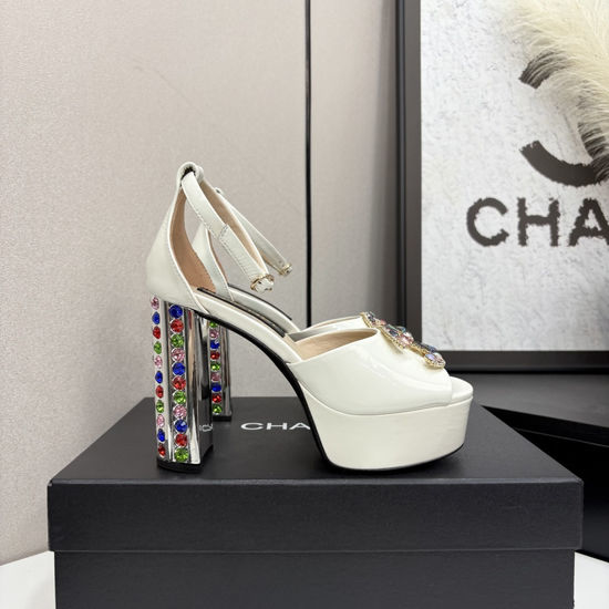 Chanel Rhinestone Chunky Heel Slingback Sandals Leather Lined