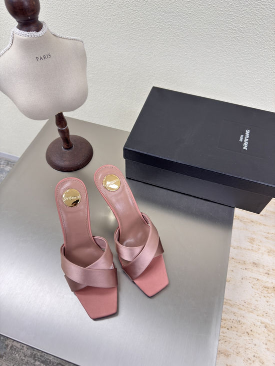 Yves Saint Laurent Pink Silk Cross Strap High Heel Slides