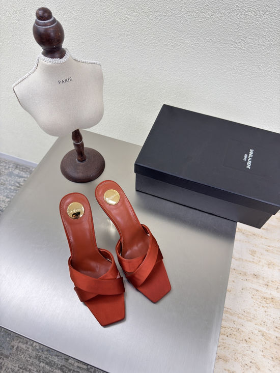 Yves Saint Laurent Orange Silk Cross Strap Slide Sandals Leather Outsole