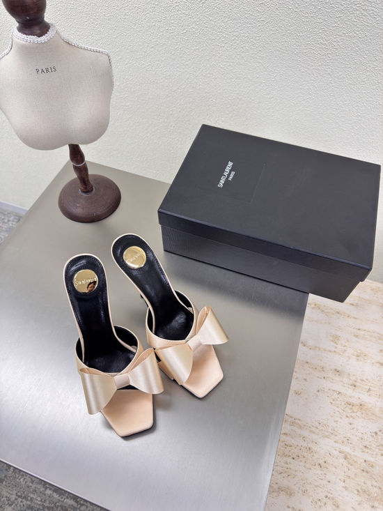 Yves Saint Laurent Graceful Bow-Detailed High-Heeled Sandals in Champagne