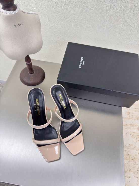 Yves Saint Laurent Beige Strap High Heel Slides Patent Leather