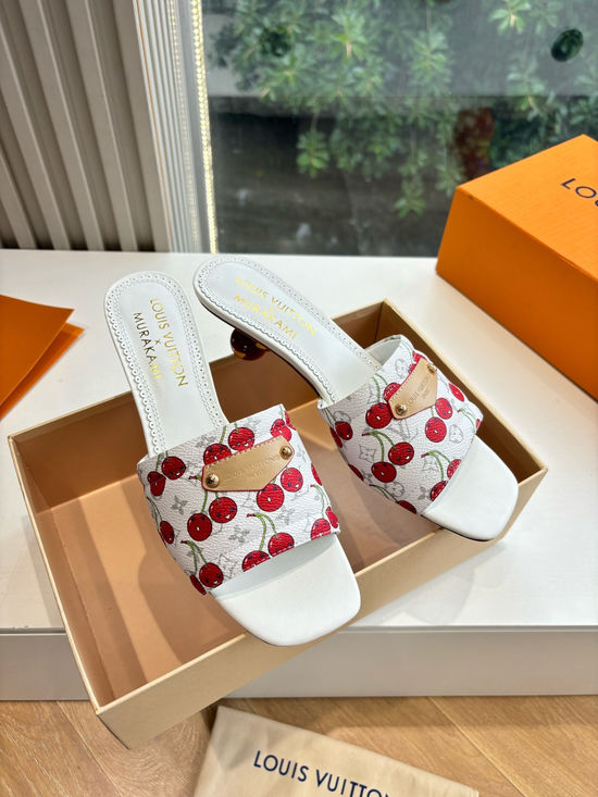 Louis Vuitton Cherry Decor Bow Flat Slide Sandals Premium Grade