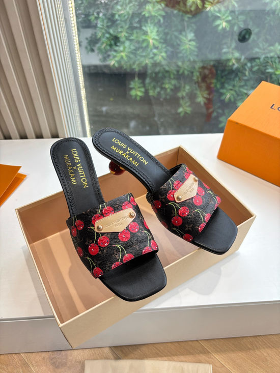 Louis Vuitton Cherry Decor Bow Flat Slide Sandals Premium Grade