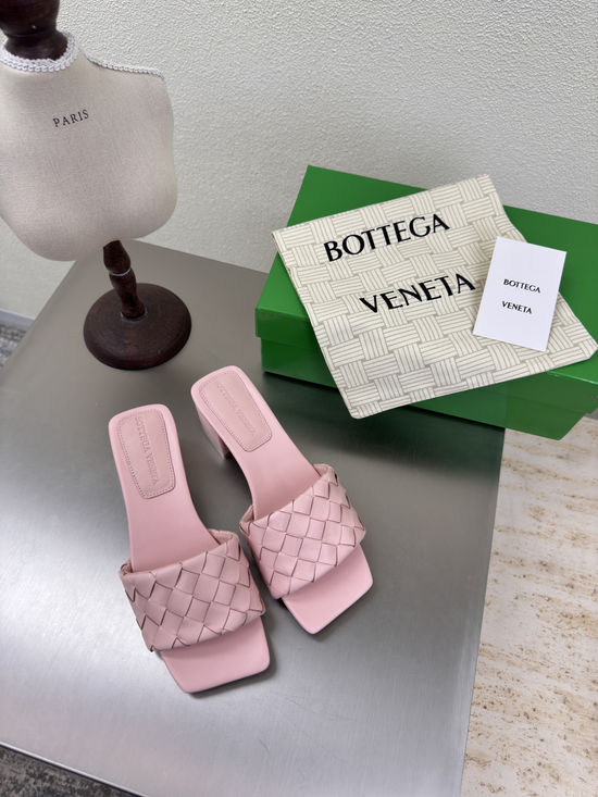 Bottega Veneta Embossed Pink Woven Square Block Heel Mules