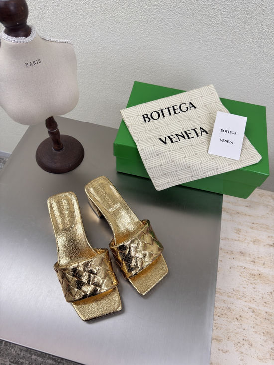 Bottega Veneta Gold Woven Square Toe Mid Heel Mule Slides