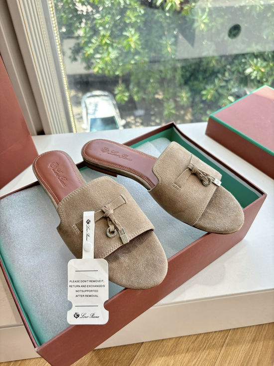 Loro Piana Suede Flat Slides With Decorative Charm Strap