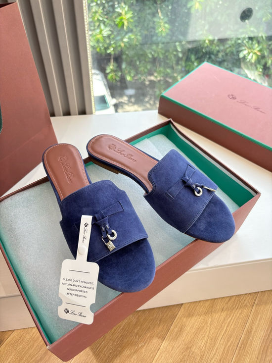 Loro Piana Suede Flat Slides With Decorative Charm Strap