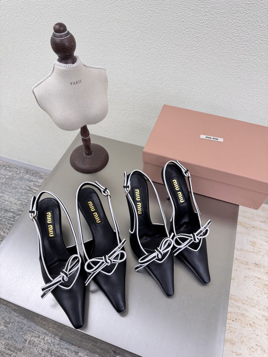 Miu Miu Black Bow Mid Heel Slingback Lambskin Leather Shoes