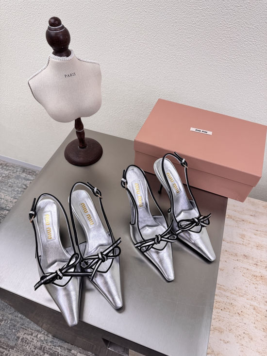 Miu Miu Silver Bow Backless Mid Heel Pumps Leather Outsole