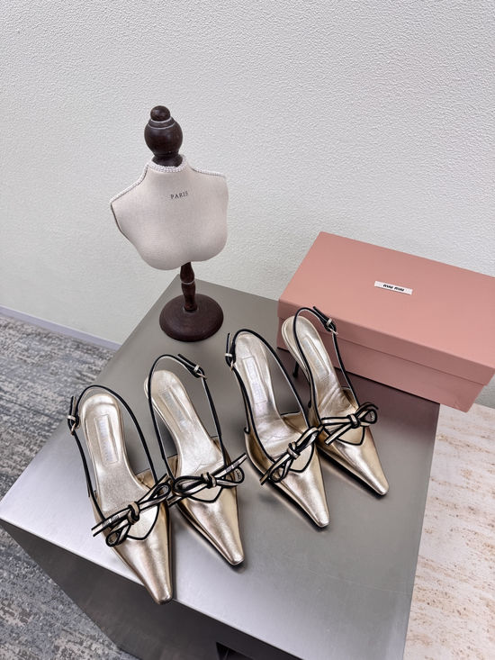 Miu Miu Golden Bow Mid Heel Slingback Lambskin Leather Shoes